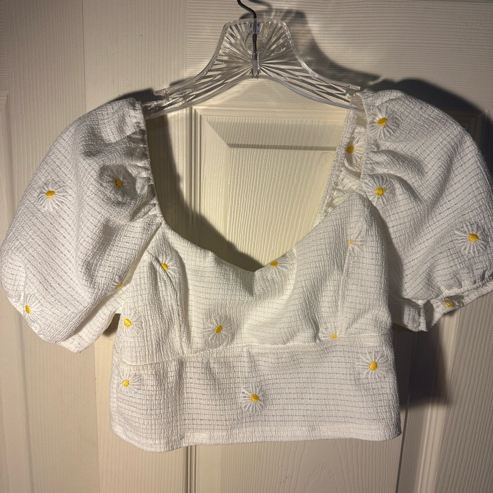 White Puff Sleeve Top with Yellow Accents Cropped Blouse